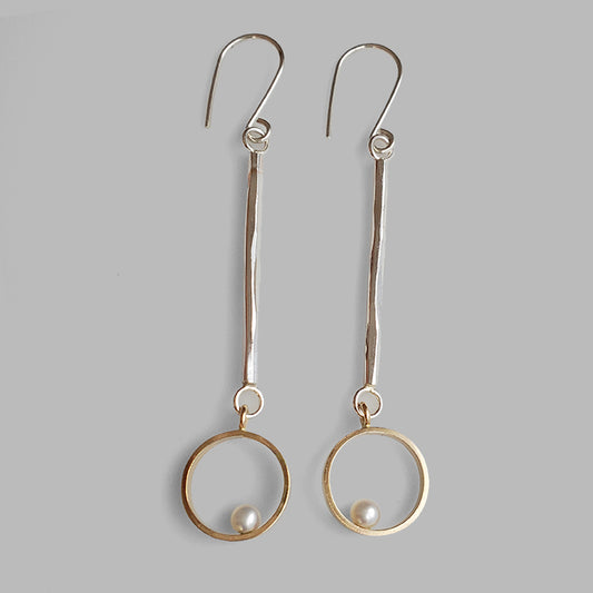 textured silver bar with gold hoop below with fresh water pearl dangle earrings