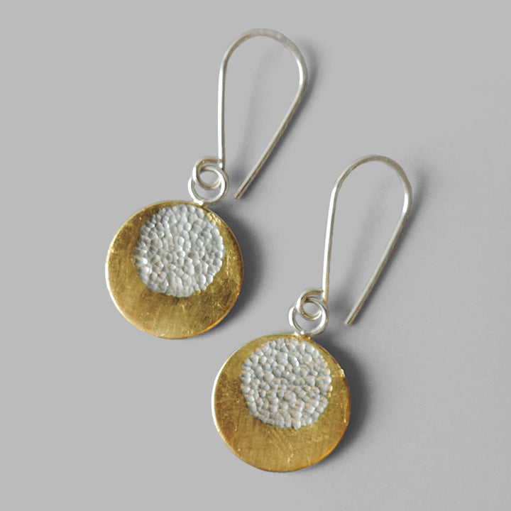 round silver dangles with gold layered around hammered circle