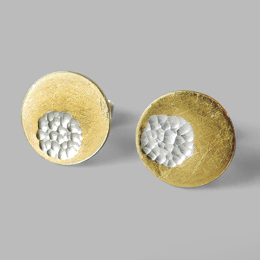 round silver posts with gold layered around hammered circle