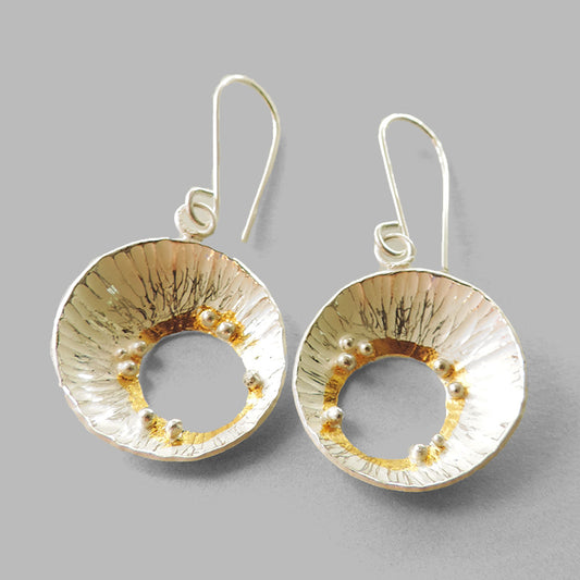 silver hammered cup dangles with silver dots and gold accents
