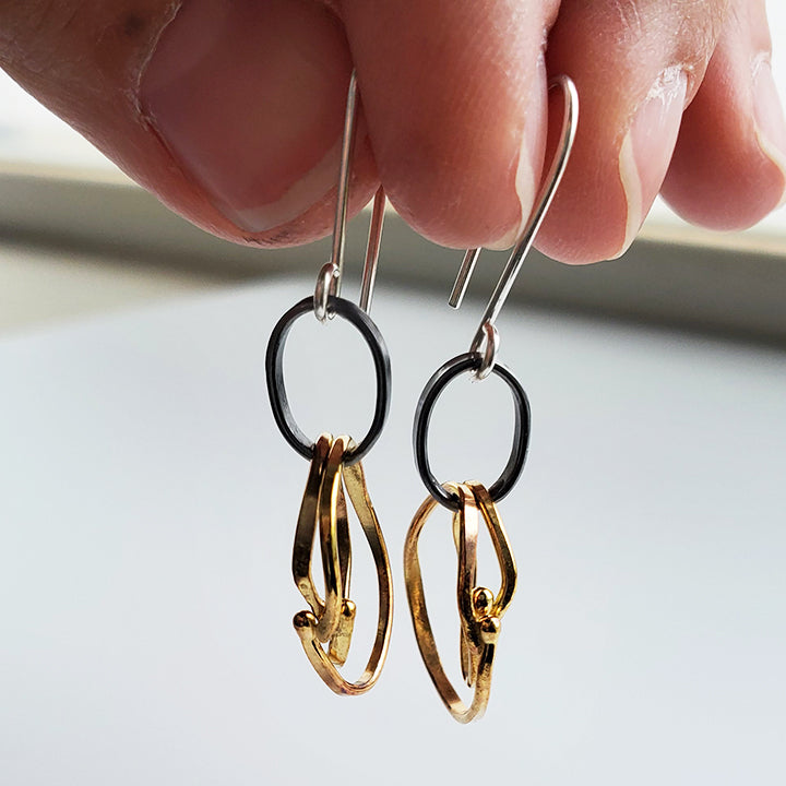organic gold hoops on oxidized oval silver links dangles
