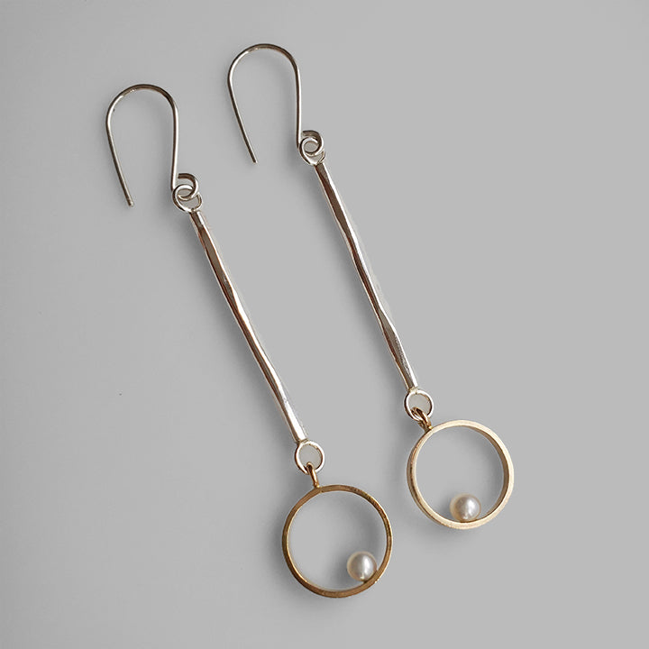 silver bar with gold hoop and freshwater pearl dangle earrings