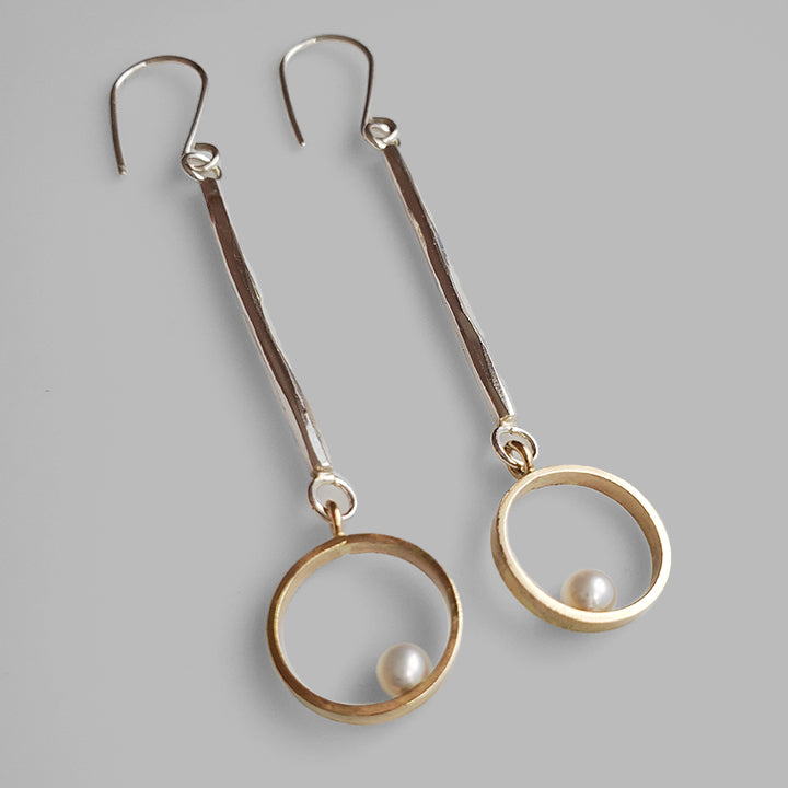silver bar earrings with dangle gold hoop with fresh water pearl