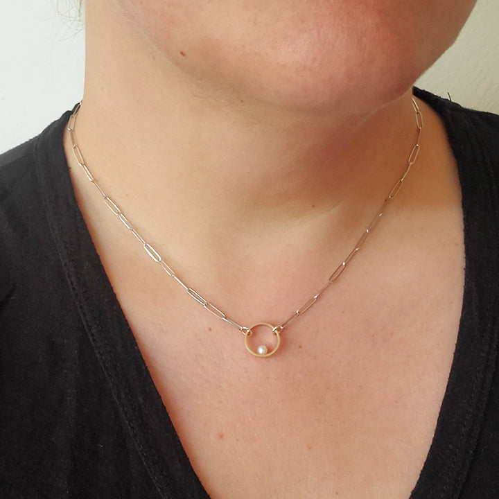 shiny linked chain with small gold hoop with fresh water pearl