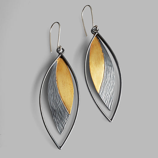 leaf shaped layered dangle earrings oxidized silver and gold jewelry
