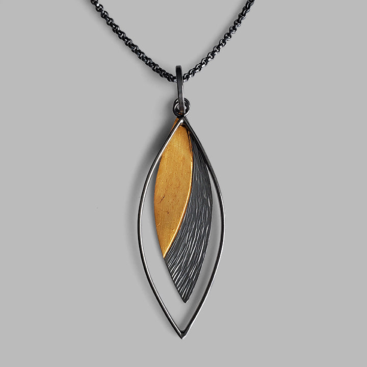 oxidized silver and gold long pendant necklace