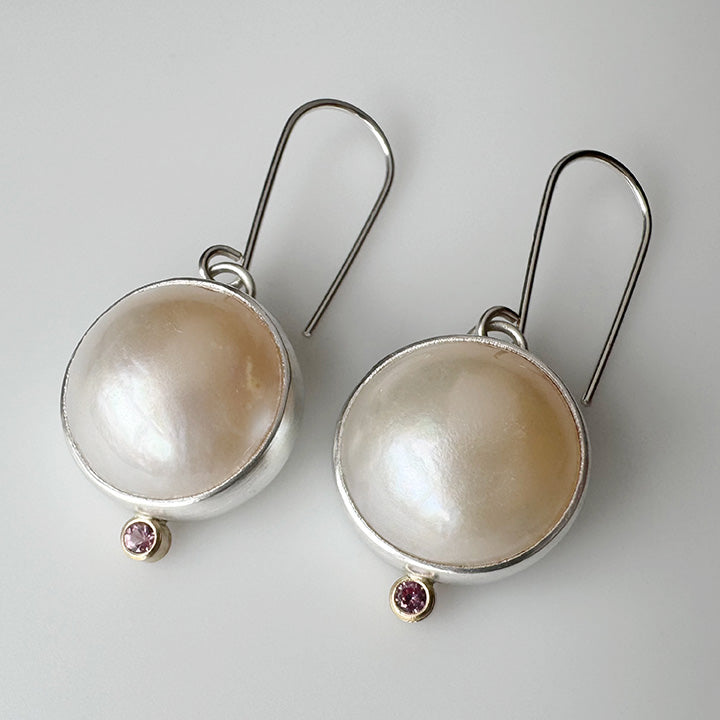 Luna Earrings White Pearls with Pink Sapphires