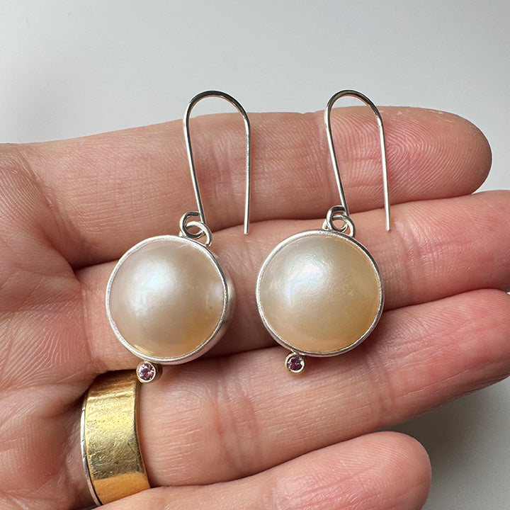 Luna Earrings White Pearls with Pink Sapphires