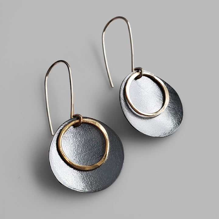 handmade modern organic oxidized silver and gold dangle earrings