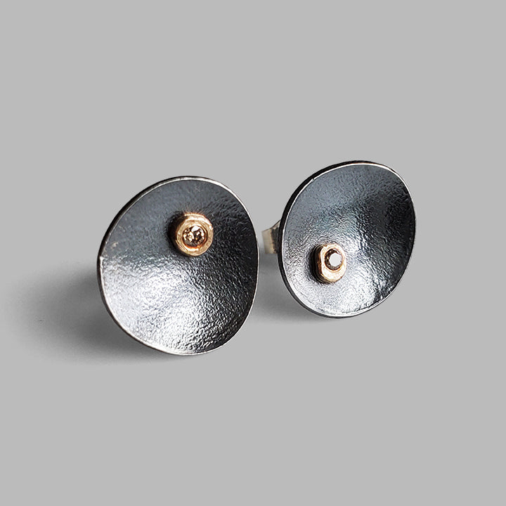 handmade oxidized organic silver studs with diamonds set in gold