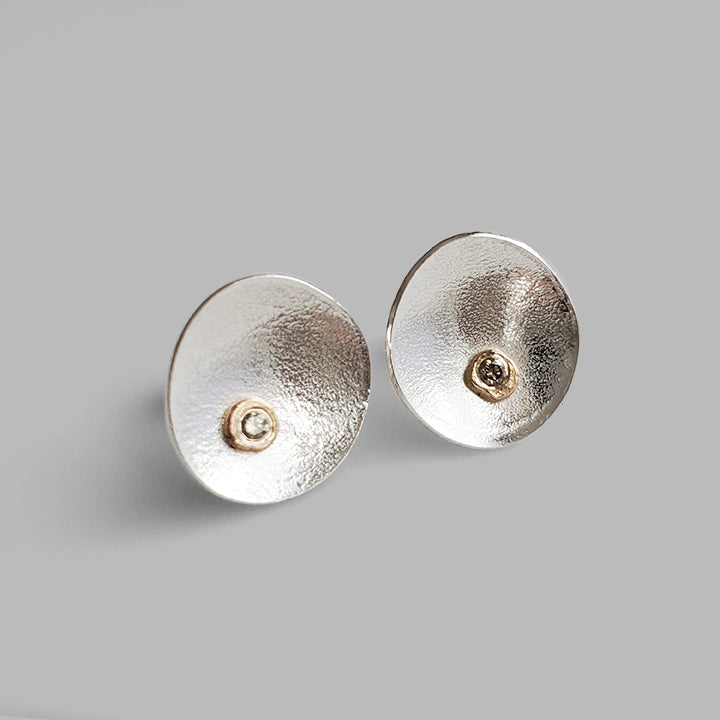 handmade organic silver studs with champagne diamonds set in gold