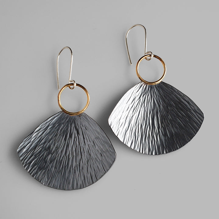 oxidized silver and gold fan shaped textured dangle earrings