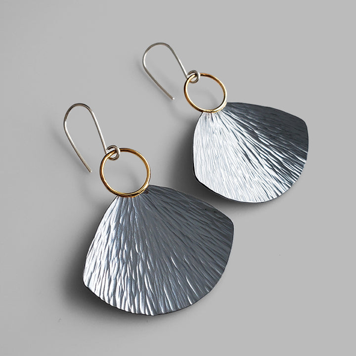 oxidized silver and gold fan shaped dangle earrings