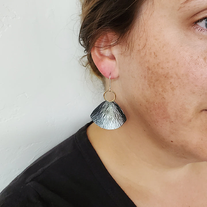 handmade oxidized silver and gold fan shaped dangle earrings