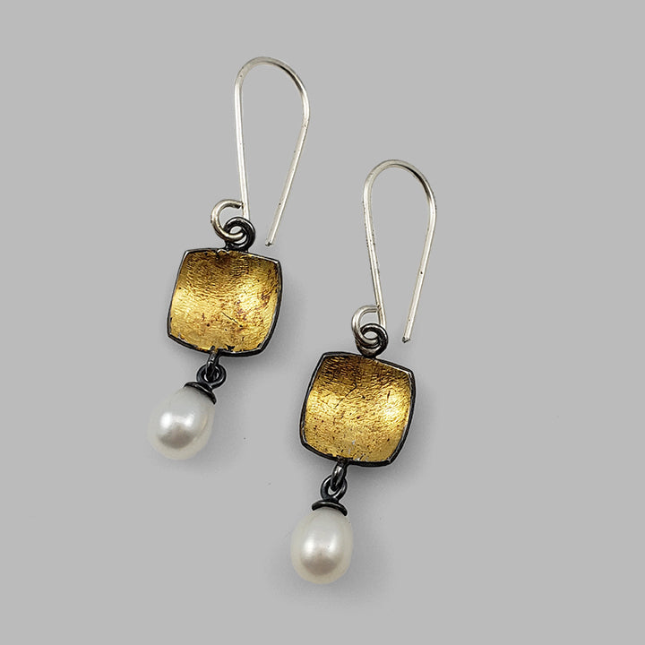 oxidized square silver and gold dangles with pearl