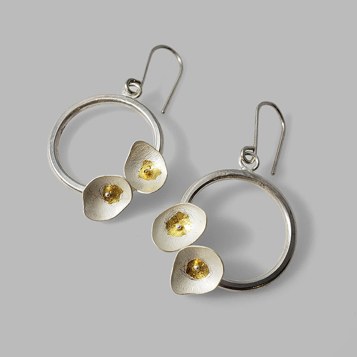 silver hoop dangles with 2 organic cups with gold details