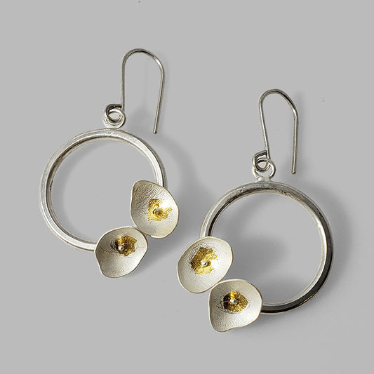silver hoop dangles with 2 organic cups with gold details