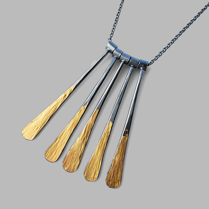 hammered multi bar oxidized silver and gold necklace