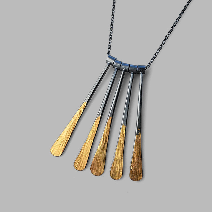 hammered multi bar oxidized silver and gold necklace