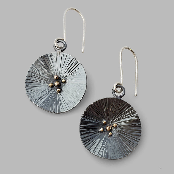 round textured organic oxidized silver dangles with gold dots