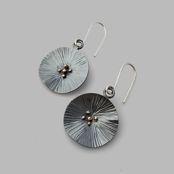 round textured oxidized silver dangles with gold dots