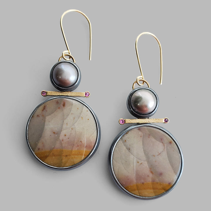 oxidized silver and gold dangles with pink and yellow stones grey pearls on gold ear wires