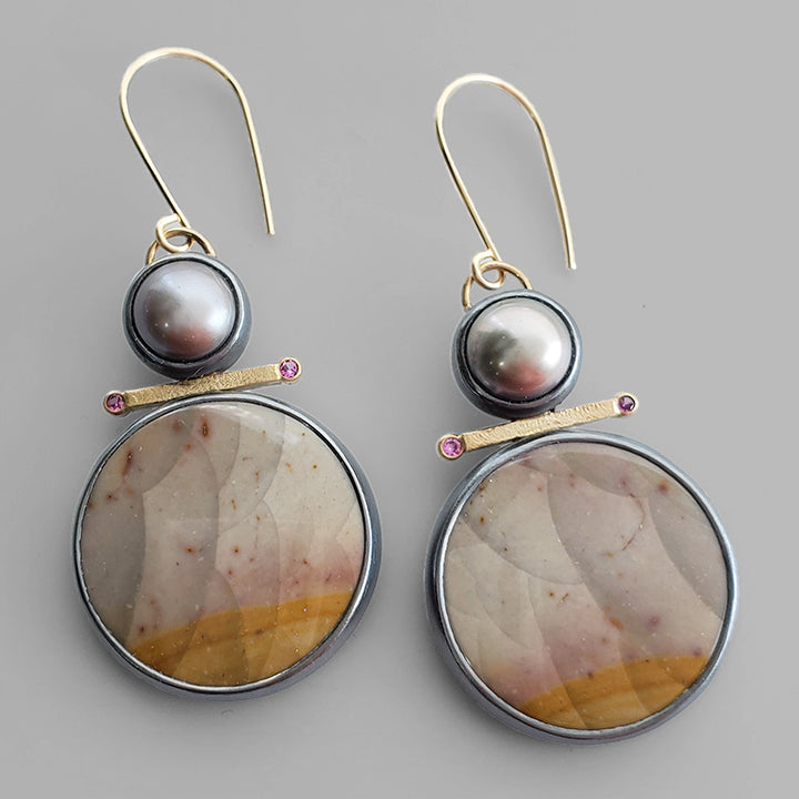 oxidized silver and gold dangles with pink and yellow stones and grey pearl on gold ear wires