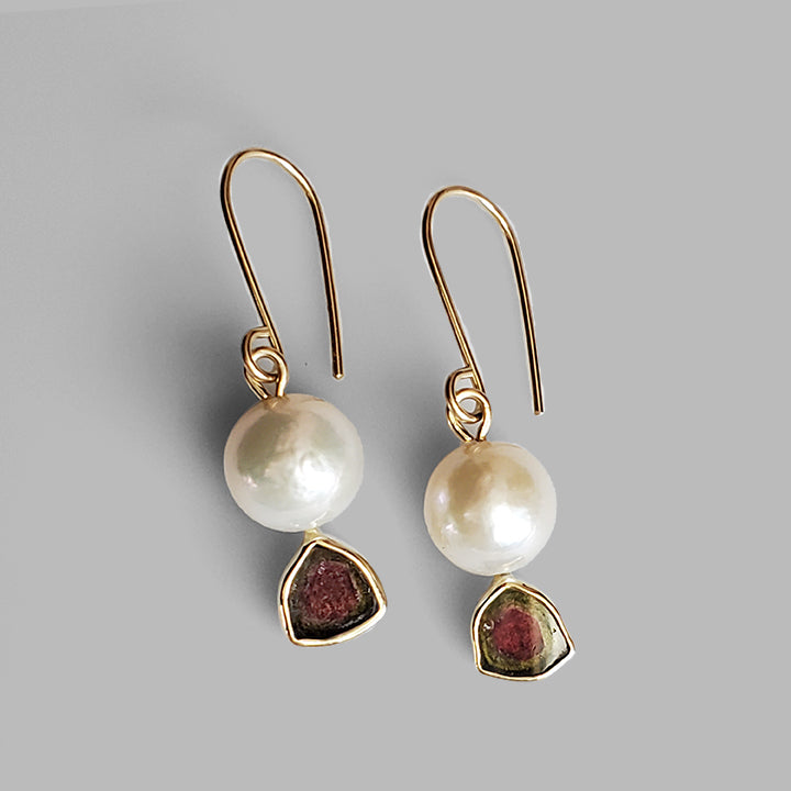 pearl bead on gold post with watermelon tourmaline set in gold dangle on gold ear wire