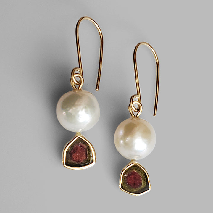fresh water pearl bead on gold post with watermelon tourmaline set in gold dangle on gold ear wire