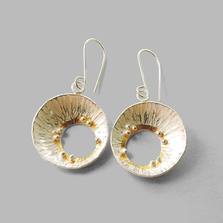silver hammered cup dangles with silver dots and gold accents