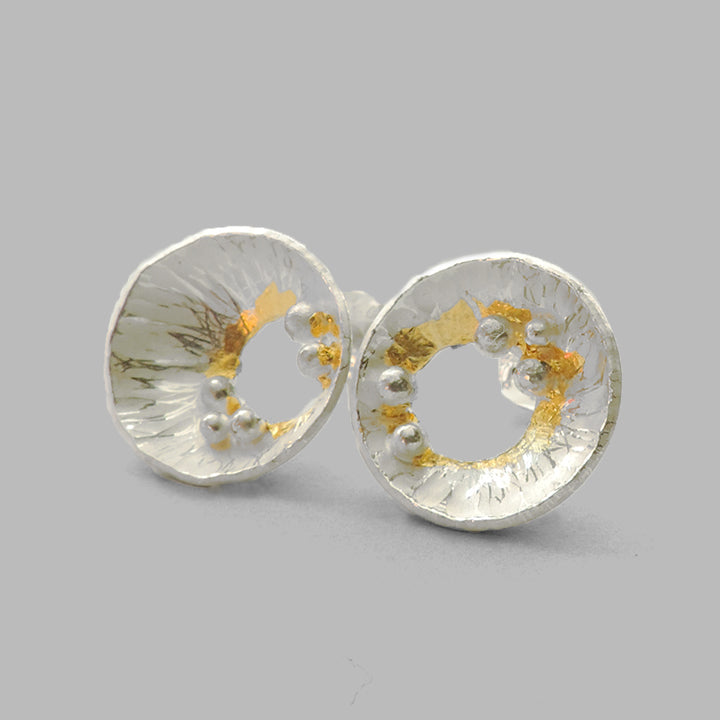 silver cup earrings with silver dots and gold